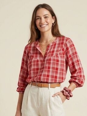 MADEWELL - Balloon-Sleeve Peasant Top in Plaid
